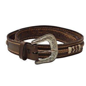 Tooled Leather Belt Mens 43" Braided Western Engraved Silver tone Cowboy